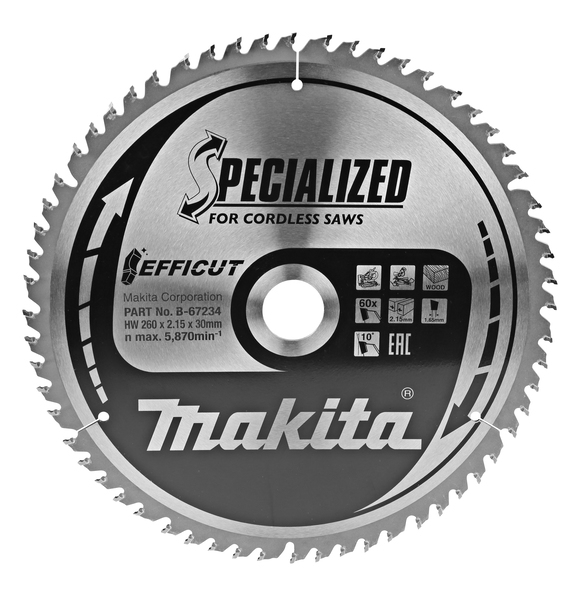 Makita Accessories B-67290 Cut-off saw blade Efficut Wood 260x30x2,15 80T 10g