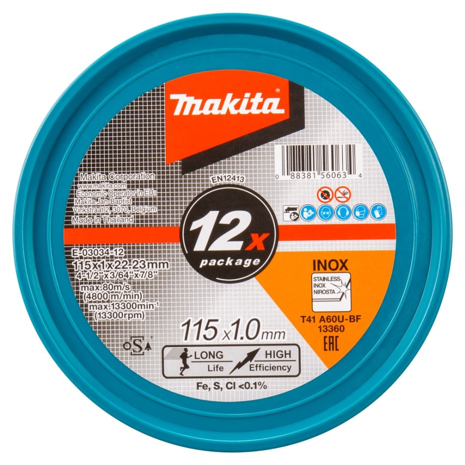 Makita Accessories E-03034-12 Cut-off wheel 115x22,23x1,0mm stainless steel