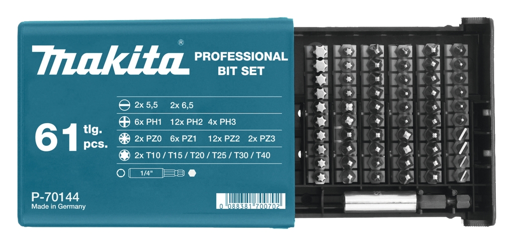 Makita Accessories P-70144 61-piece bit set in high-quality plastic box.