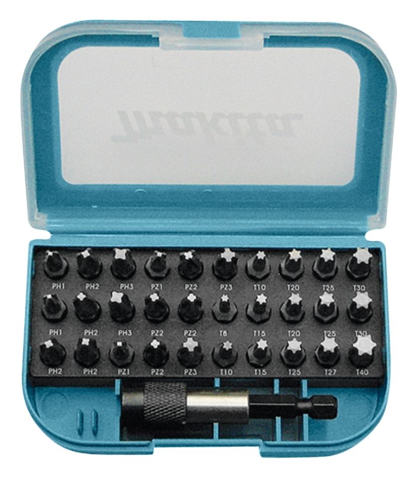 Makita Accessories P-73374 31-piece bit set in plastic box with belt clip.
