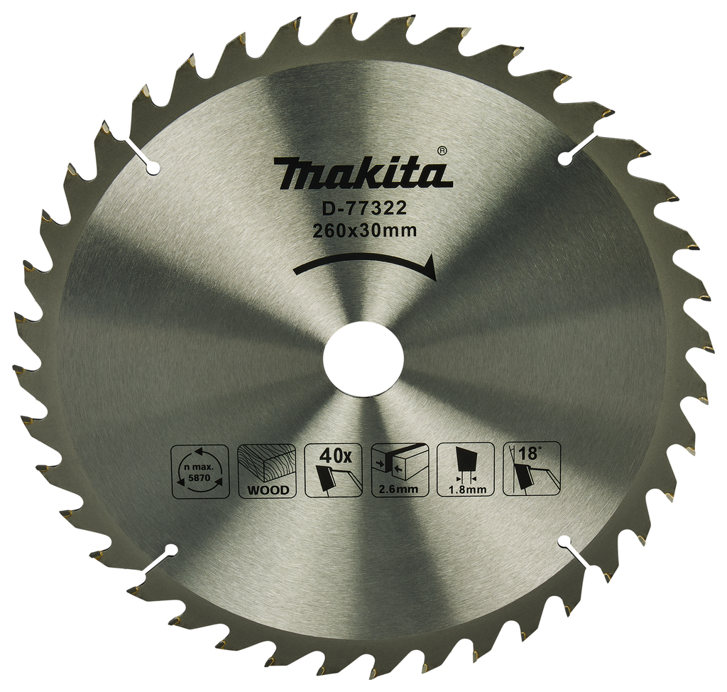 Makita Accessories D-77322 Cut-off saw blade Wood 260x30x1.8 40T 18g, LS1110F