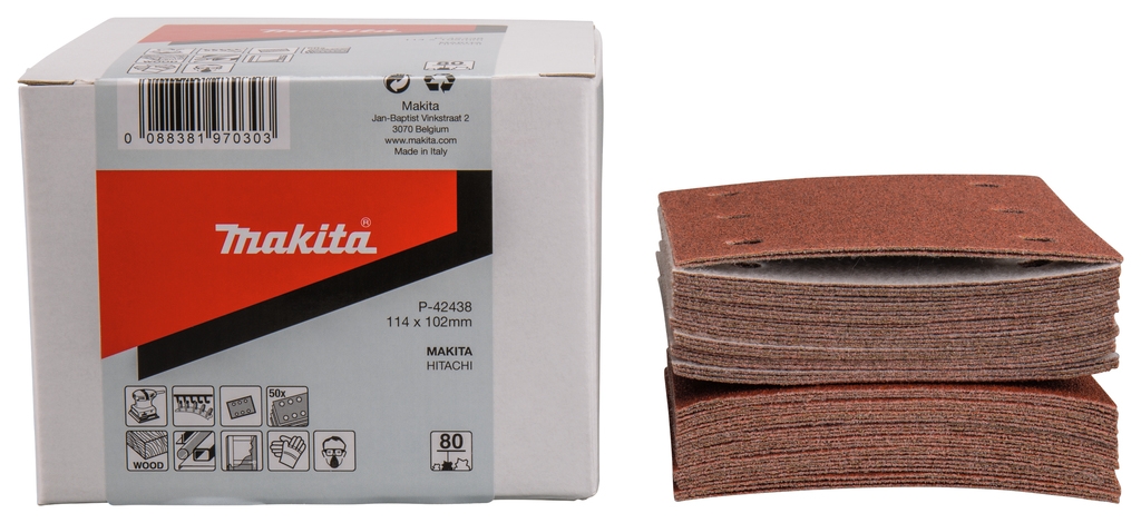Makita Accessories P-42438 Sandpaper 114x102 K80 Red Velcro 50 pieces