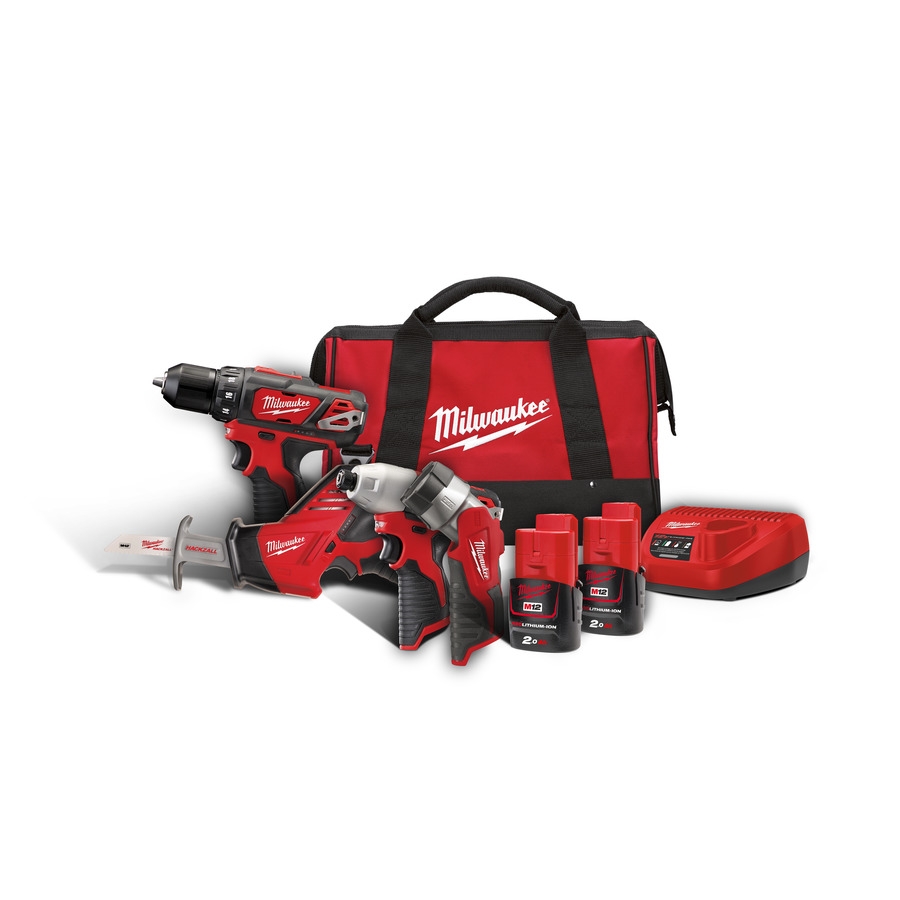Milwaukee 4933441240 M12 BPP4A-202B Powerpack M12BDD Drill + M12BID Impact screwdriver + C12HZ Reciprocating saw + M12 TLED + Lamp 12V 2.0Ah