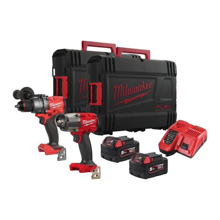 Milwaukee 4933492518 M18 FPP2F3-502X Powerpack 18V 5.0Ah Li-Ion - M18FPD3 Impact Drill + M18FMTIW2F12 1/2 Impact Wrench in HD Box