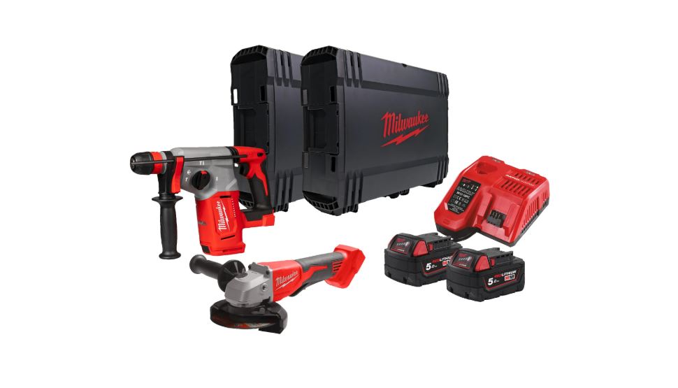 Milwaukee 4933498575 M18 BLPP2G-502X Combo set - M18 BLHX cordless combi hammer + M18 BLSAG125XPD cordless grinder 18V 5.0Ah Li-Ion in HD Box