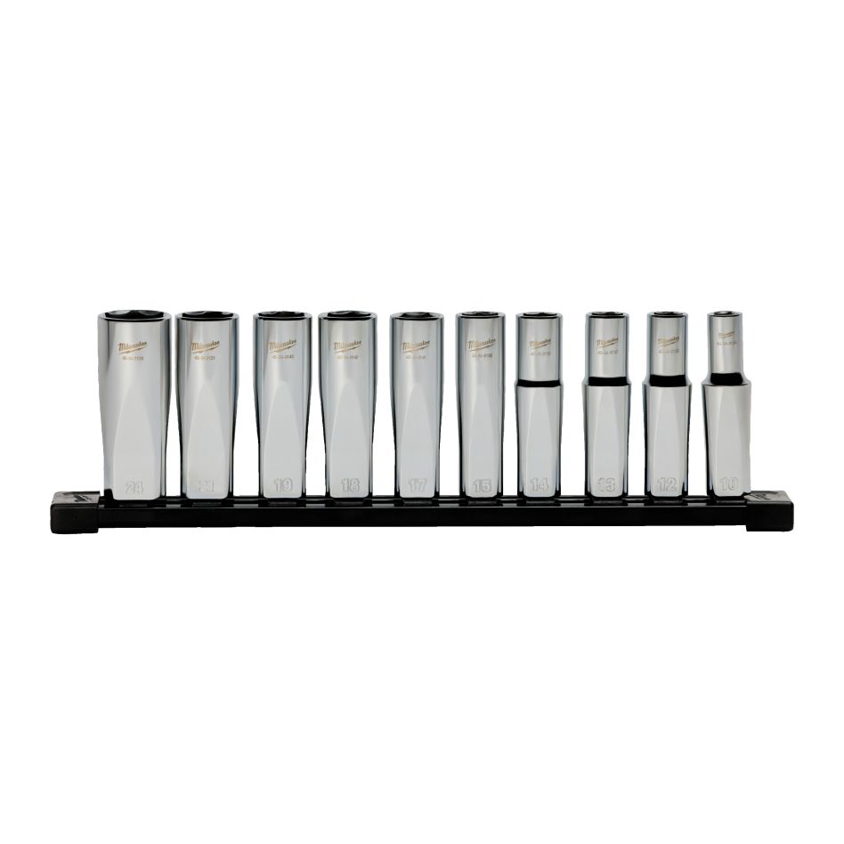 Milwaukee 4932501805 1/2&Prime; Deep Socket Set, Metric, with Storage Rail, 10-Piece Set