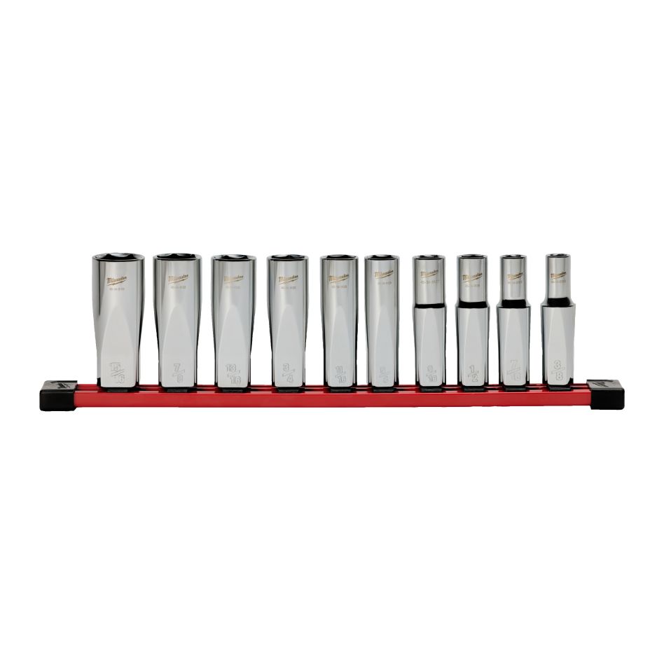 Milwaukee 4932501807 1/2&Prime; Deep Socket Set, SAE, with Storage Rail, 10-Piece