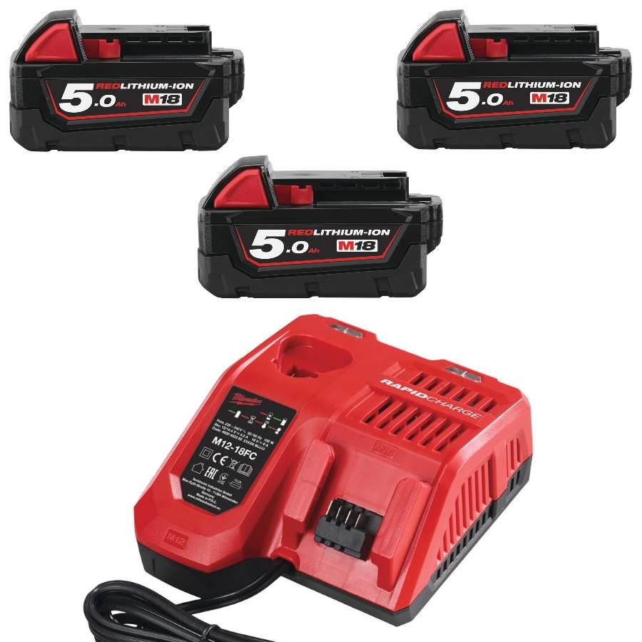 Milwaukee Accessories 4933451423 M18 NRG-503 - M18 B5 TRIO Pack 18V 5.0Ah Redlithium-Ion + Charger M12-18FC
