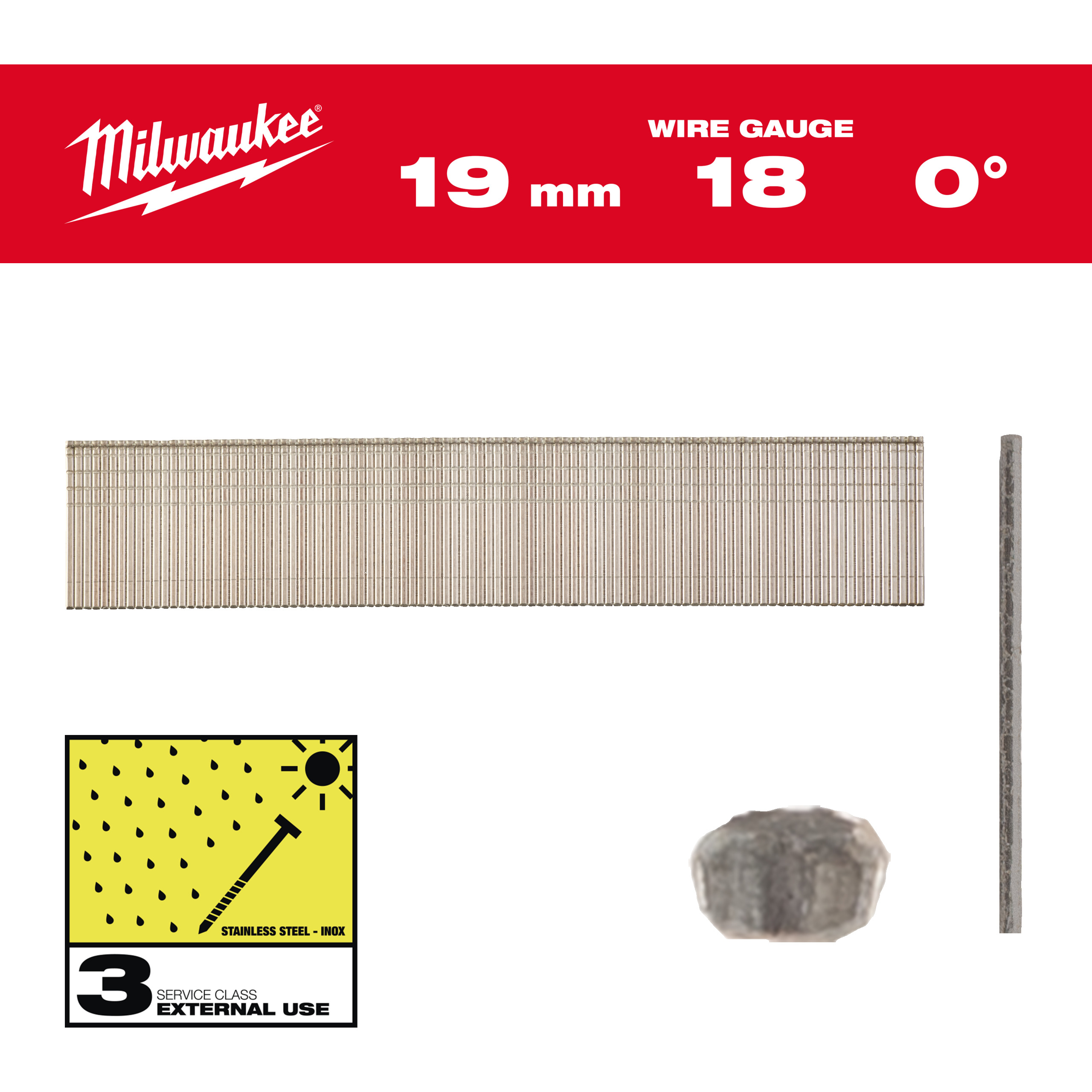 Milwaukee Accessories 4932492558 Brad nails, 18 gauge, thin head Inox 18G / 19 mm / SC3 - 10,000 pc
