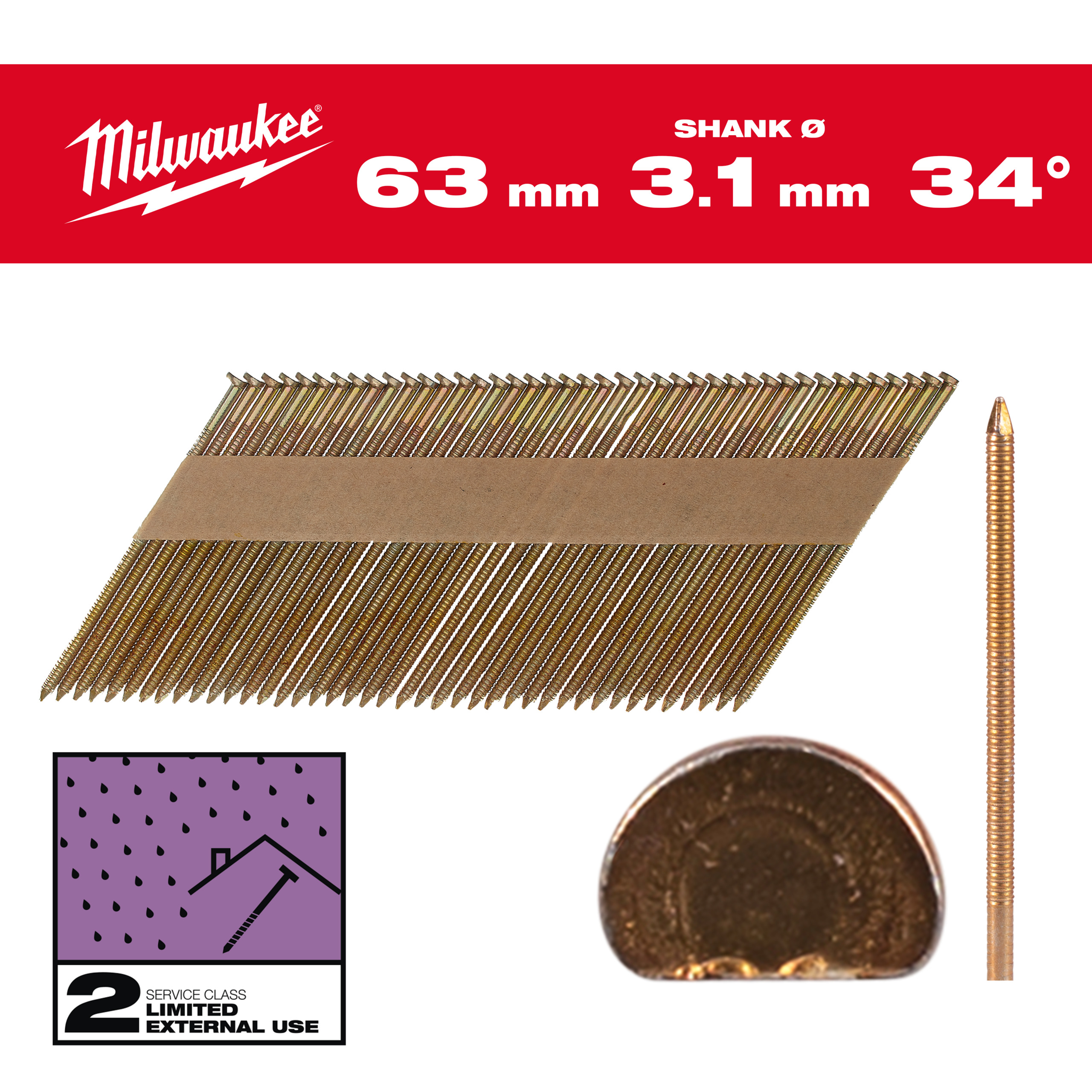 Milwaukee Accessories 4932492609 Wire nails, 34°, D-head 63 x 3.1 mm / RS / G / SC2 - 2,200 pc