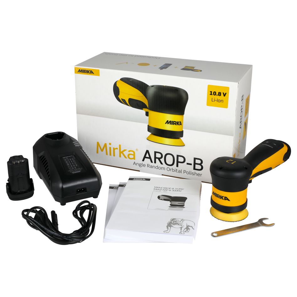Mirka 8991012311 AROP-B 312 Eccentric Accu Polisher 12V 77mm results 2x 12V 2.5Ah battery and charger in box