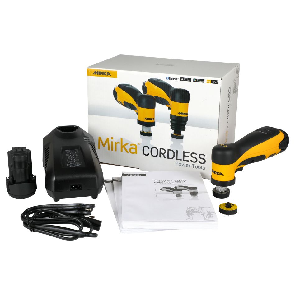 Mirka 8991150312 AROS-B 150 Eccentric Accu Spot Repair Sander 32mm spread 5.0 2x 12V 2.5Ah battery and charger in box 