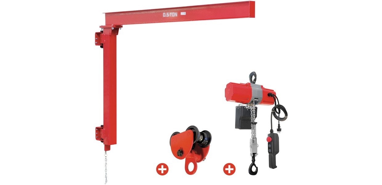 mwtools 729840199 PHM500SET2 Wall slewing crane 500 kg incl. electric chain hoist 6 m and trolley