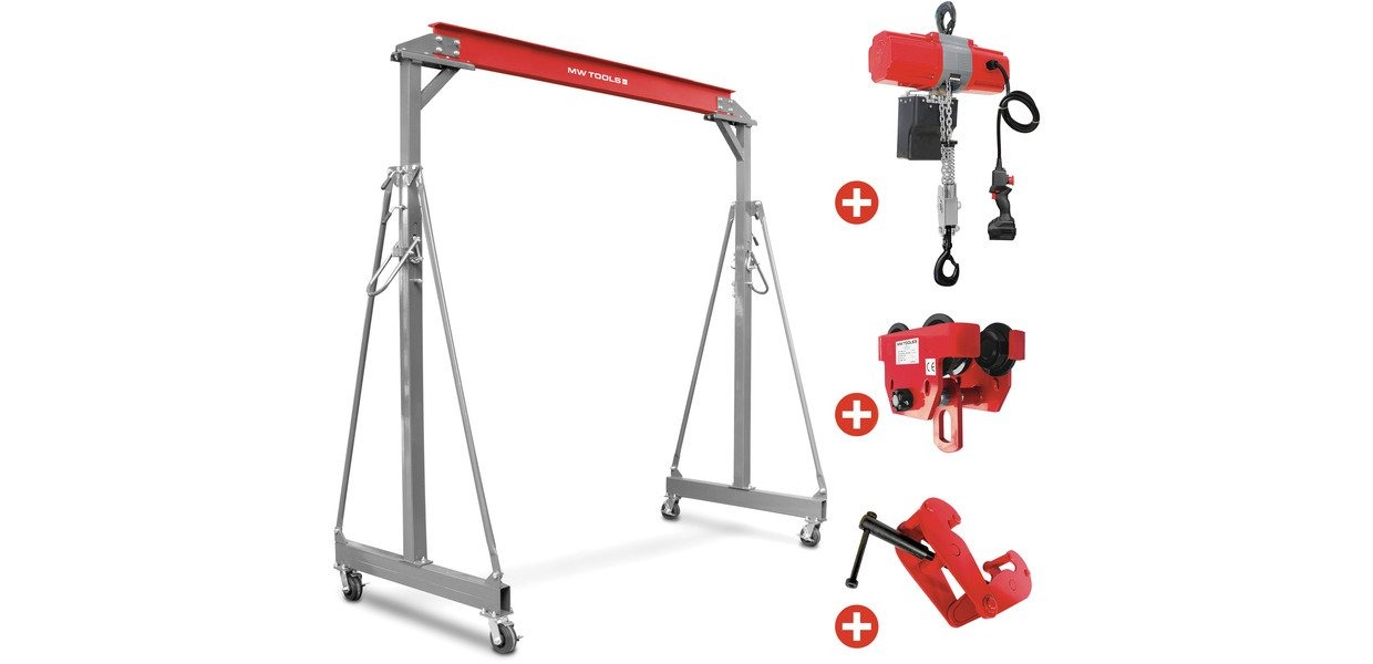 mwtools 7298400903 PTLK1-SETKTB Gantry crane 1 tonne & battery chain hoist 36V incl. trolley and beam clamp