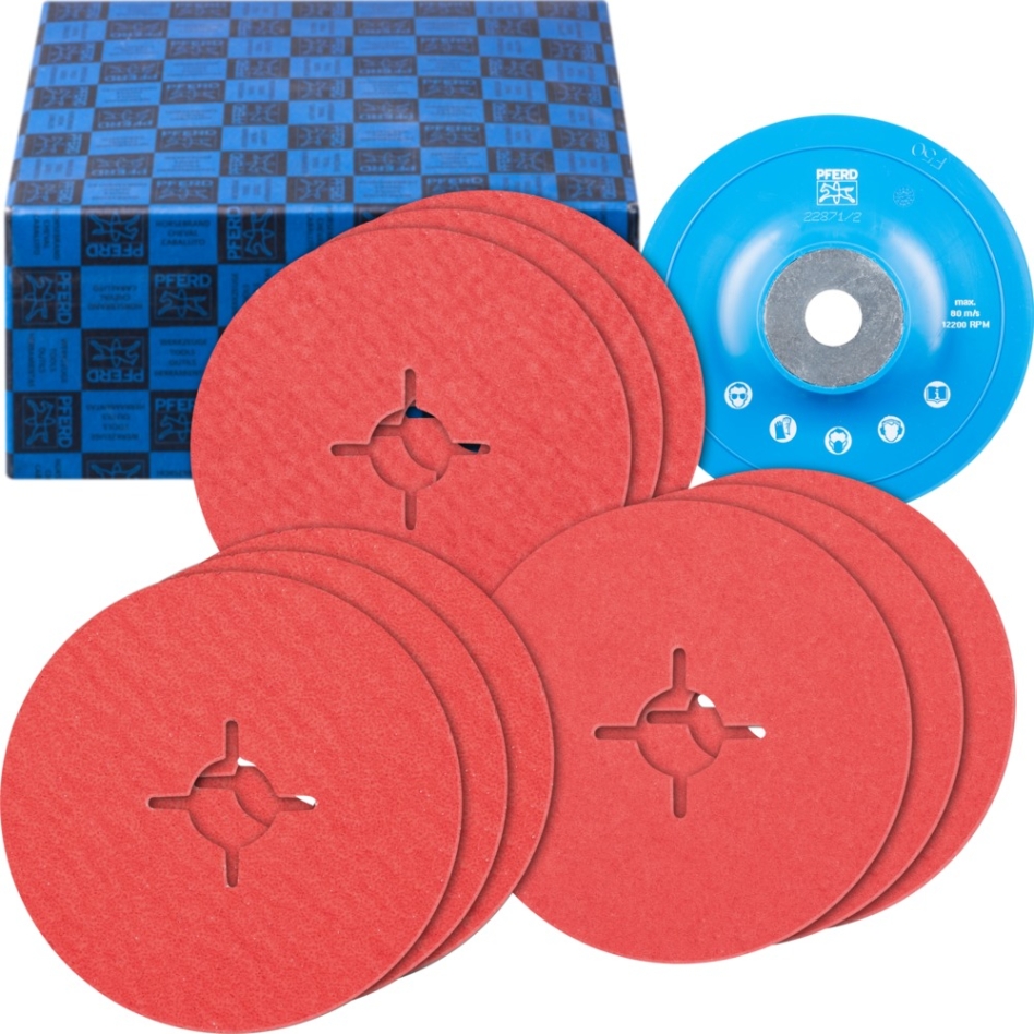 Pferd 64198002 Fiber disc set 10-piece ceramic grit Ø 125 mm CO-COOL36,60,80 with HGT support disc stainless steel