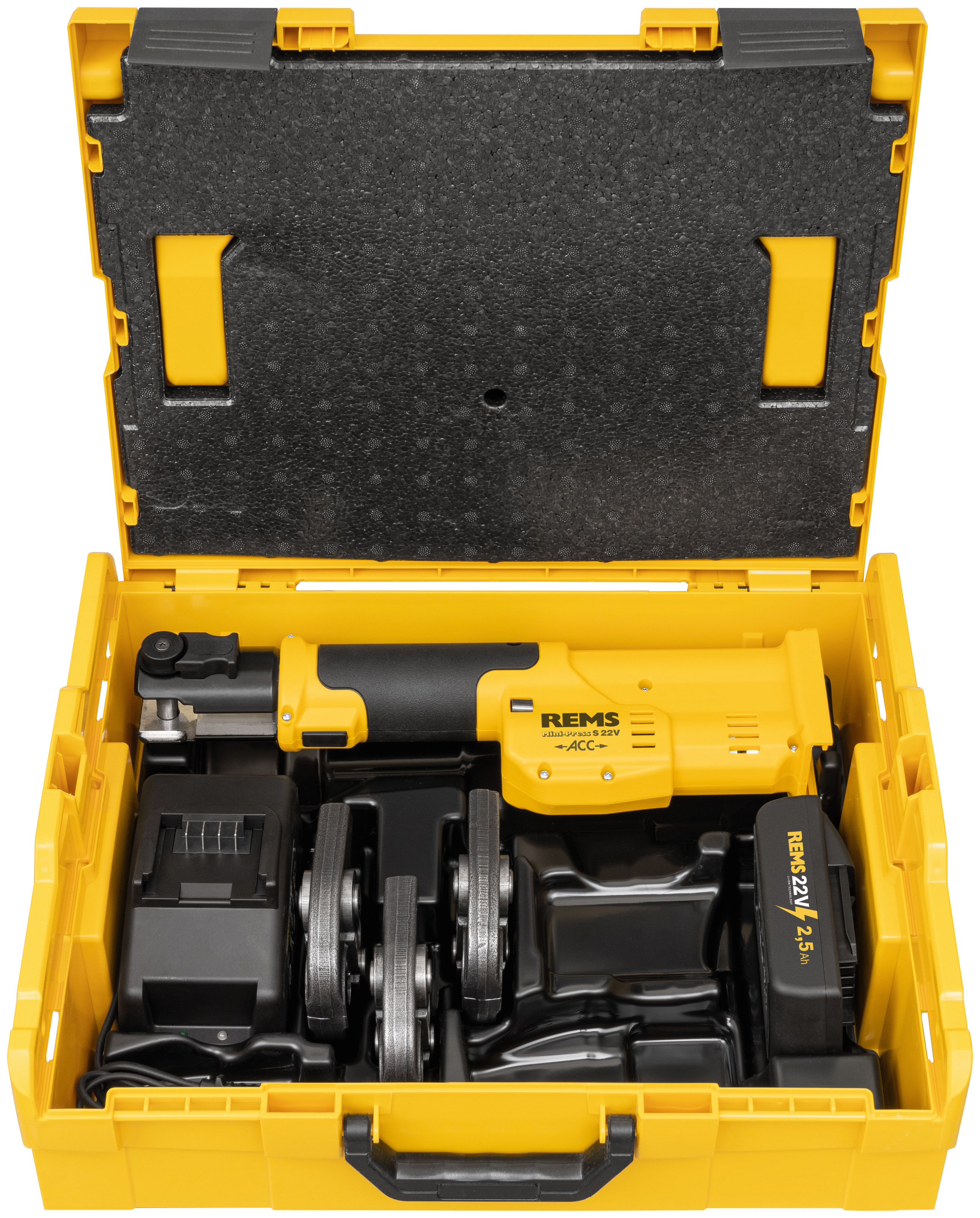Rems 578041 R220 Mini-Press S 22V Cordless Crimping Tool, including TH16-20-26 crimping die set, 1x 22V 1.5Ah battery, and quick charger in L-Boxx