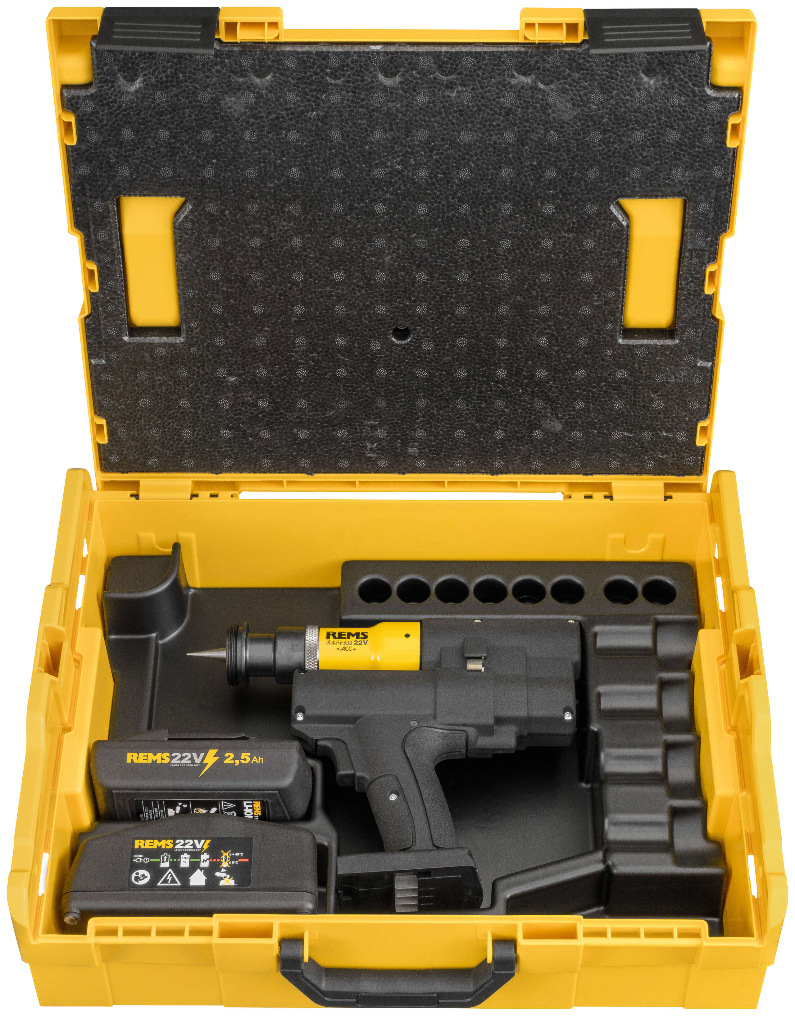 Rems 575032 R220 Ex-Press P 22V ACC Basic Pack Cordless Pipe Beading Machine with 1x 22V 2.5Ah battery and quick charger in an L-Boxx
