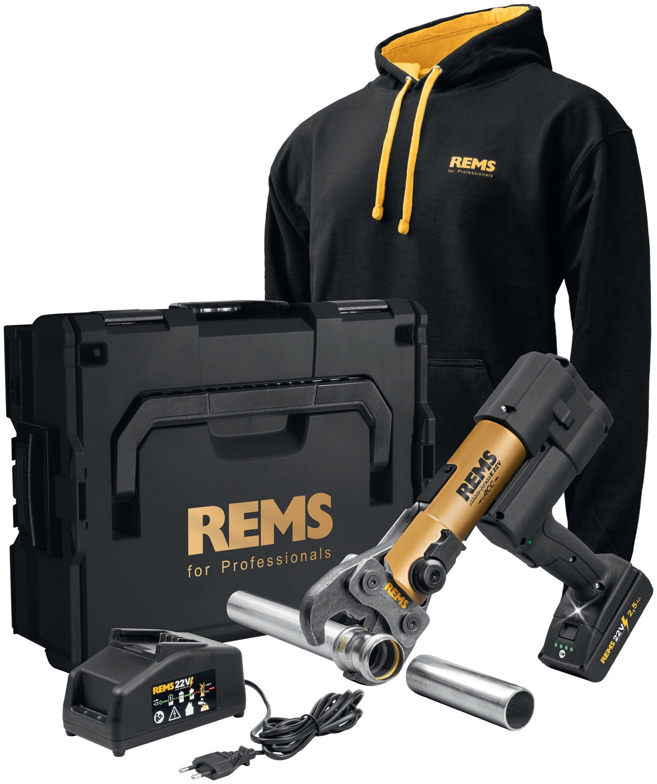 Rems 576X19 RG220 LIMITED EDITION Akku-Press E 22 V ACC Gold 2026 Accu-Press 1x 22V 2.5Ah battery and quick charger in L-Boxx + REMS Hoody black