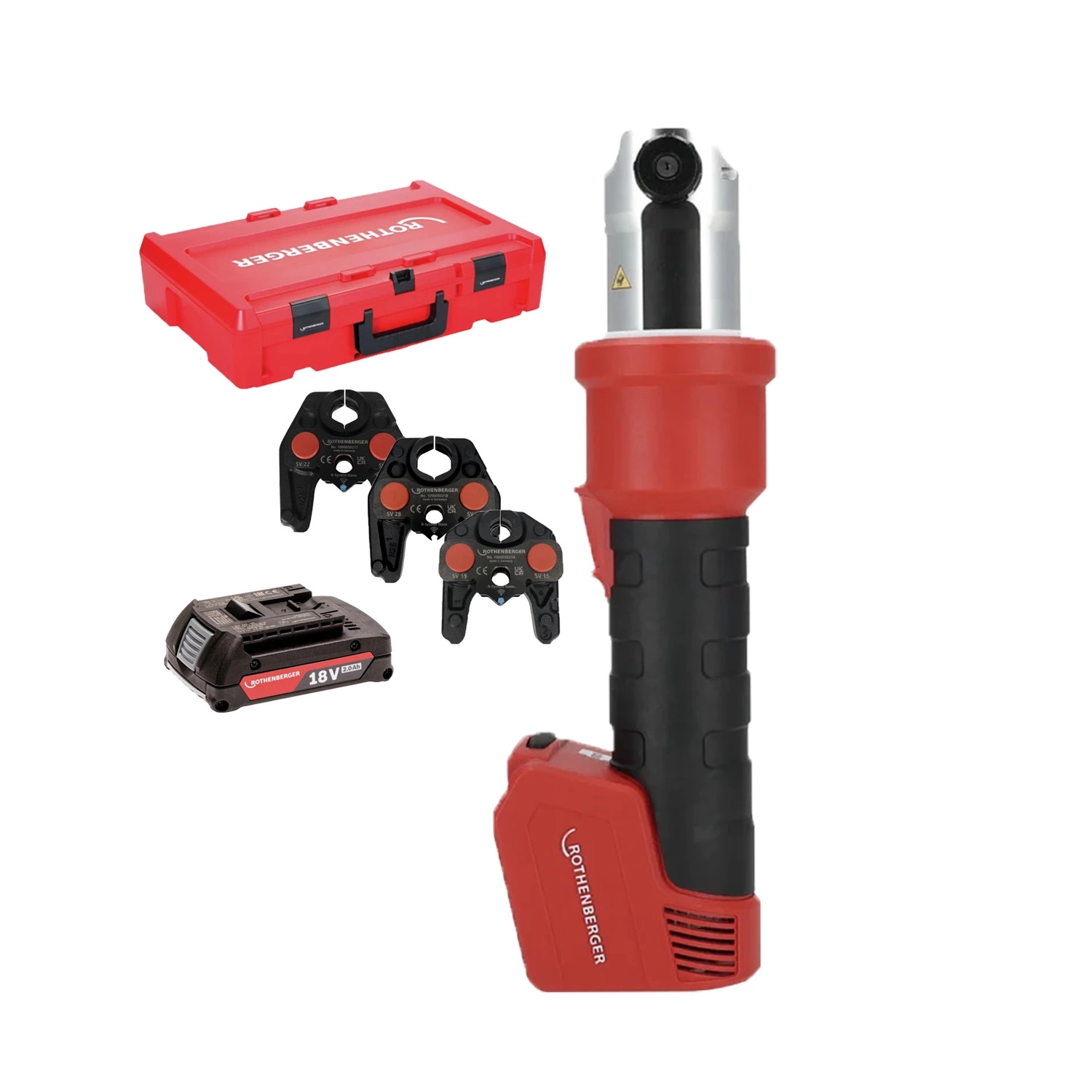 Rothenberger 1000005046 ROMAX NANO Hybrid press machine set incl. iJAWs pressing jaws SV, 15-22-28mm, 2Ah, CAS