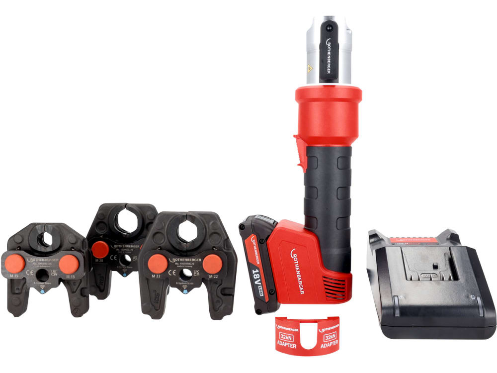 Rothenberger 1000005492 ROMAX NANO iJAWs Set: 18V Hybrid Cordless Crimping Tool, including M15-22-28 crimping jaws, 1x 2.0Ah battery, and charger in a carrying case