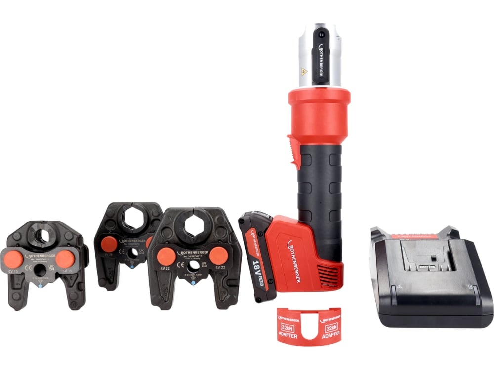 Rothenberger 1000005494 ROMAX NANO iJAWs Set: 18V Hybrid Battery-Powered Crimping Tool, including SV15-22-28 crimping jaws, 1x 2.0Ah battery, and charger in a carrying case