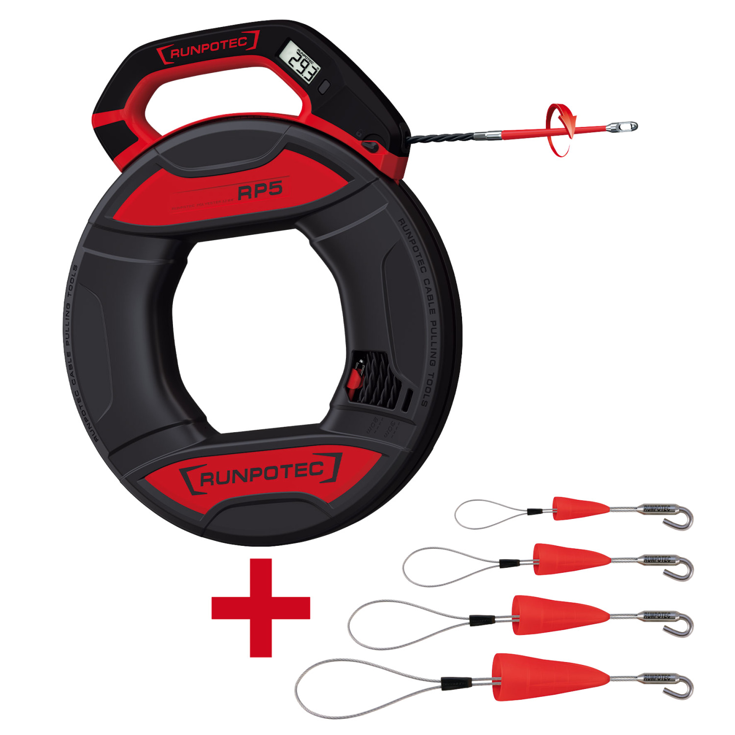 Runpotec 90011153 RUNPO 5 Cable Pull Set, 30 m, with Built-in Measuring Tape + RUNPO Cable Pull Loop Set with Hook, 4-Piece Set