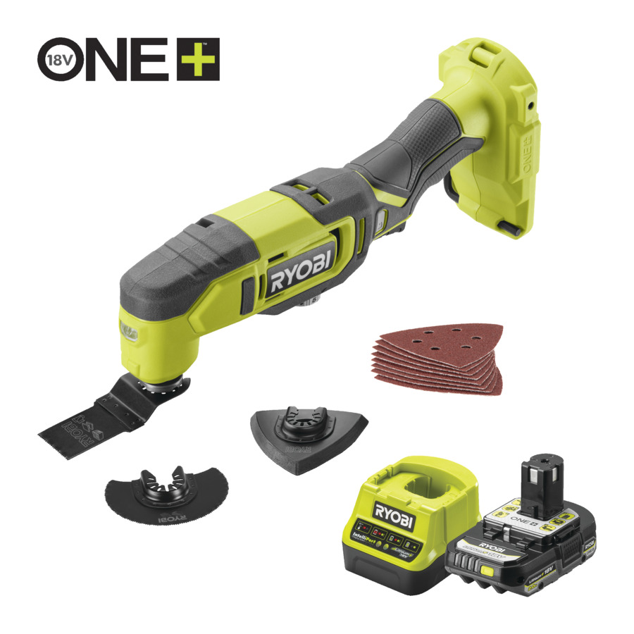 Ryobi 5133006866 Accu Multitool 18V ONE+ 2.0 Ah battery and charger in box