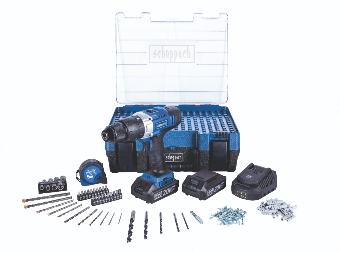 Scheppach 5909222904 DTB-20ProS Cordless drill/driver 20 Volt 2.0 Ah Li-ion + 206-piece accessory set