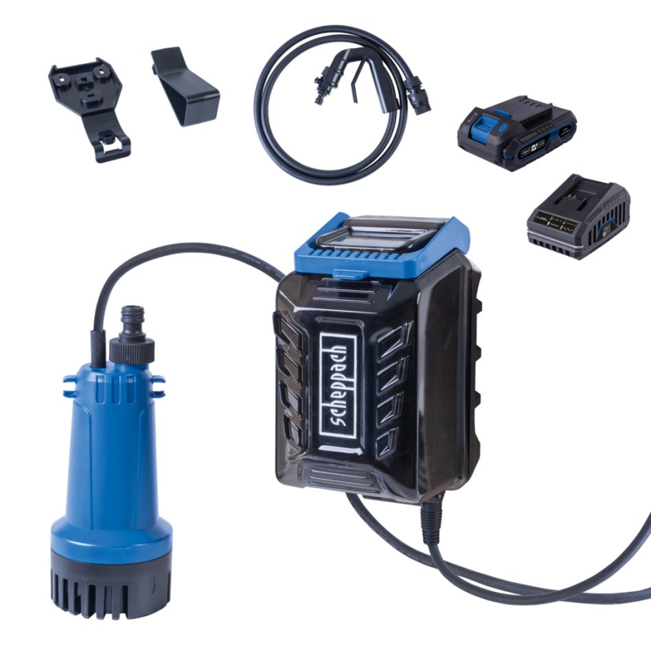 Scheppach 5909412400 C-RBP2000-X 20V Battery-Powered Rainwater Tank Pump Set with 1x 2.0Ah Battery and Charger in a Box