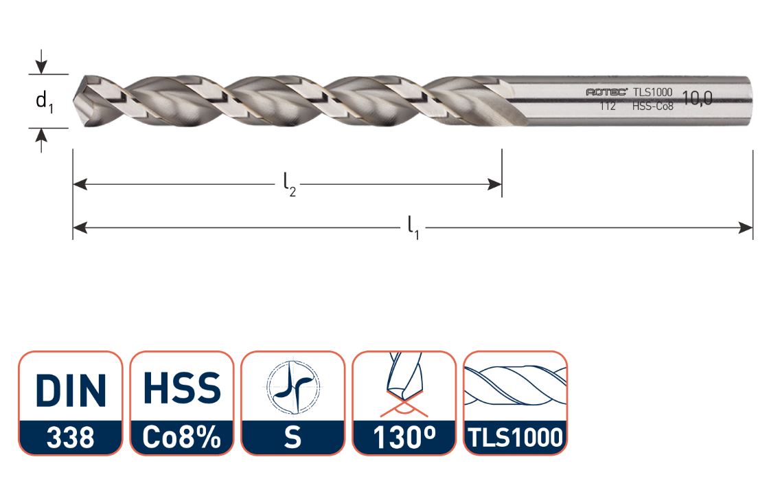 Rotec 112.0300 HSS-E spiral drill bit, DIN338, type TLS1000, Ø3.0