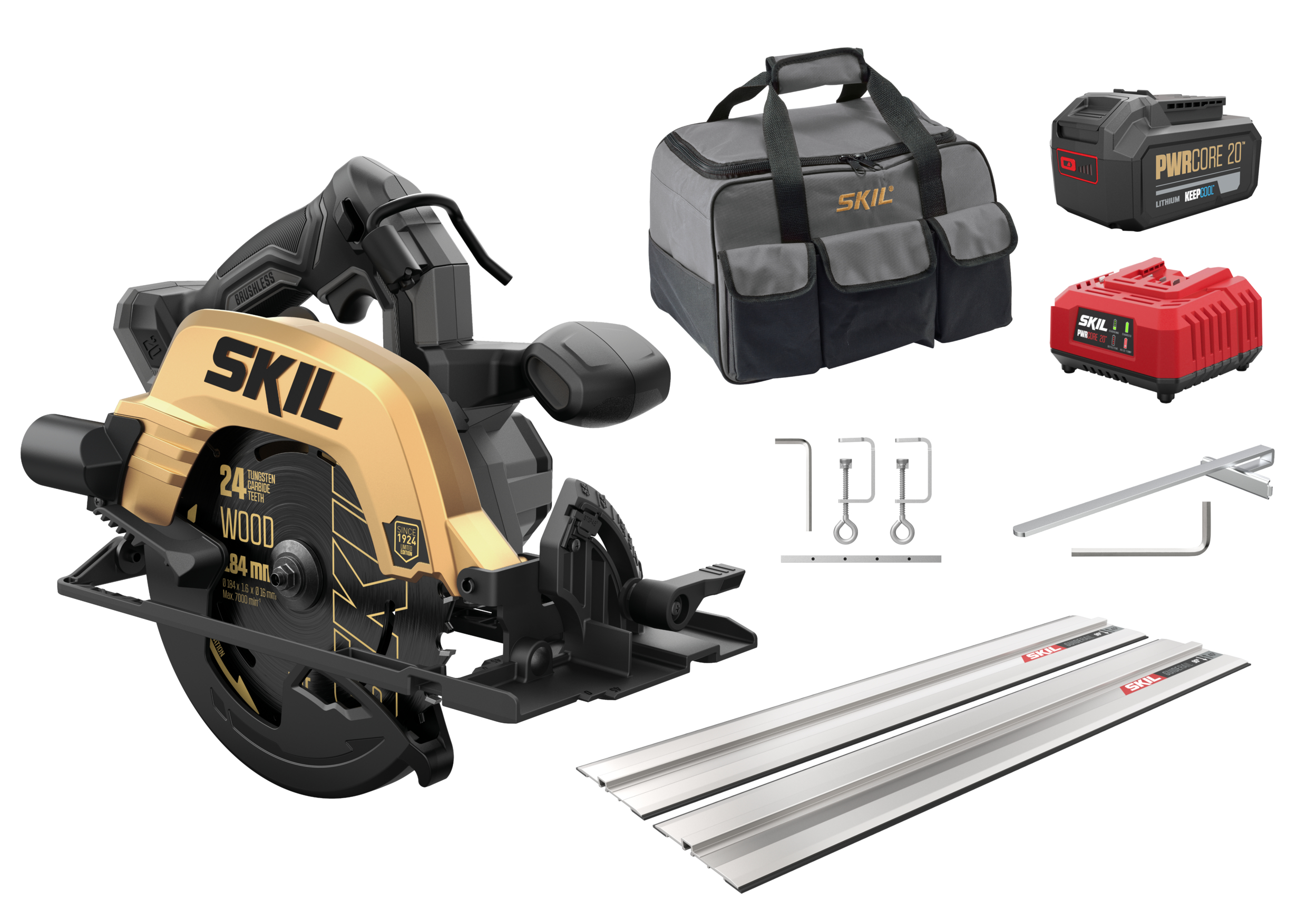 SKIL SW1E3575DB Limited Gold Edition Accu Cirkelzaag 20V 4.0Ah + 2 x Liniaal 70cm + klemmen in tas