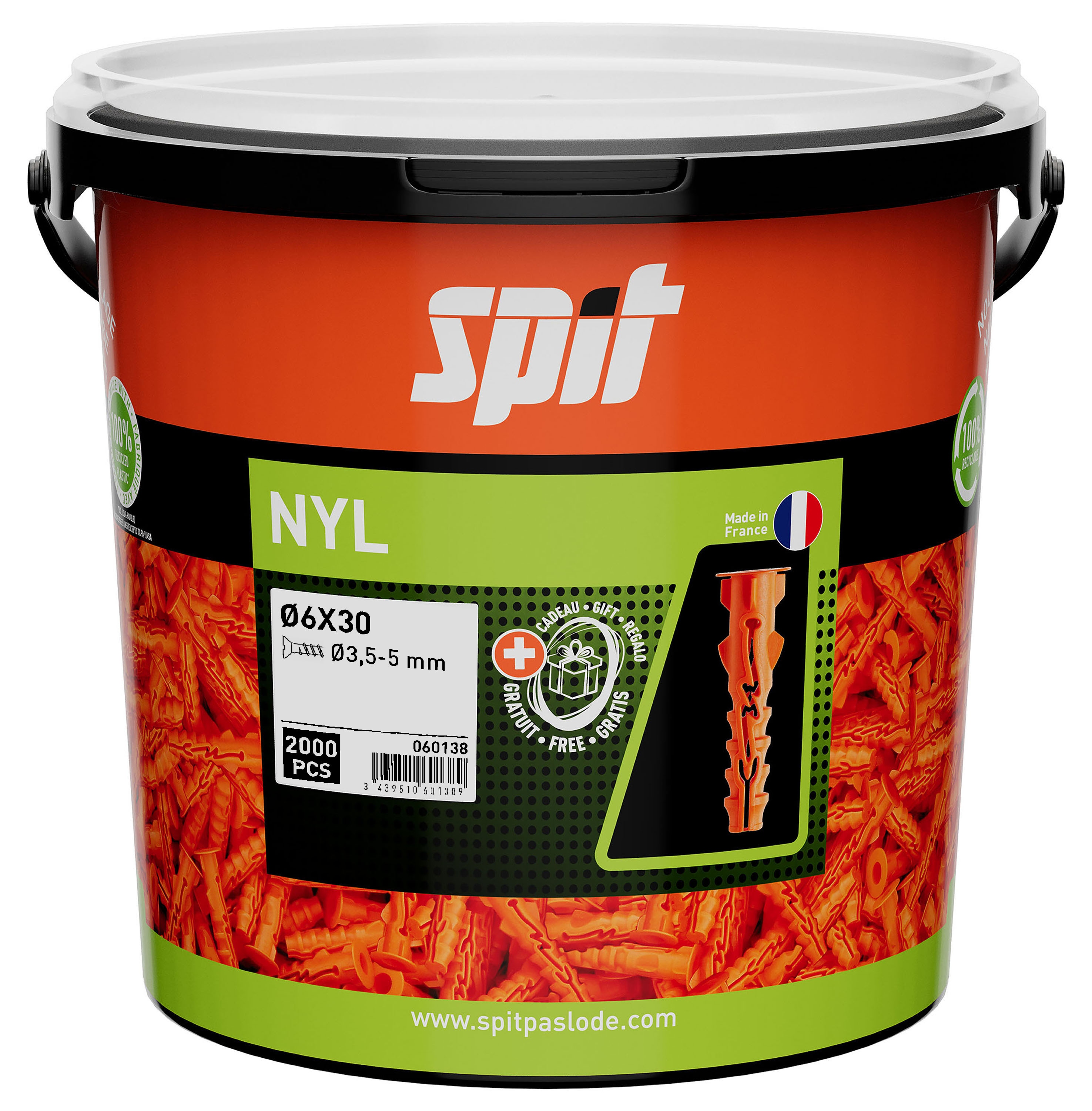 Spit Fasteners 060138 NYL 6 x 30 Nylon Plug with collar 2000 pieces