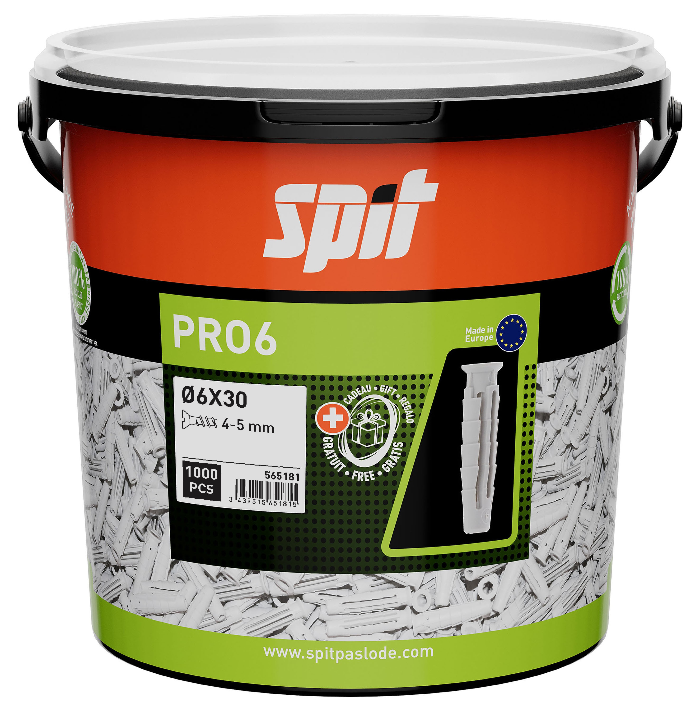Spit Fasteners 565181 PRO6 6 x 30 Universal Plug 1000 pieces