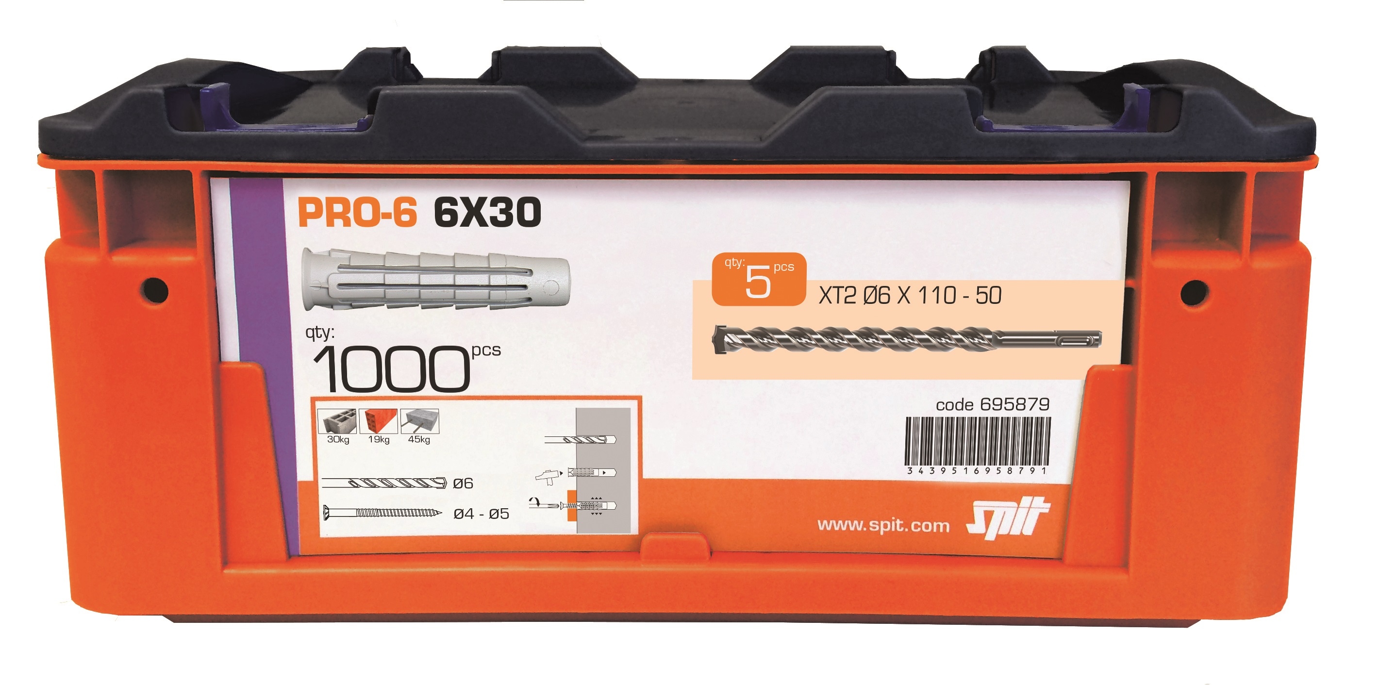 Spit Fasteners 695879 PRO6 6 x 30 Universal Plug 1000 pieces 5 drills in case