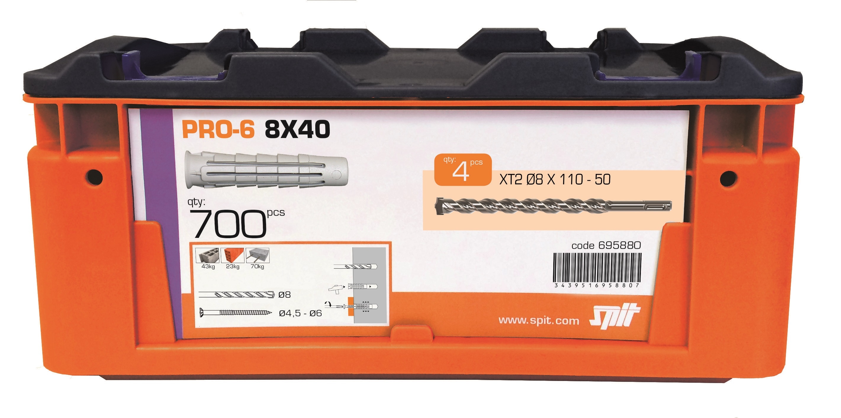 Spit Fasteners 695880 PRO6 8 x 40 Universal Plug 700 pieces 4 drills in case