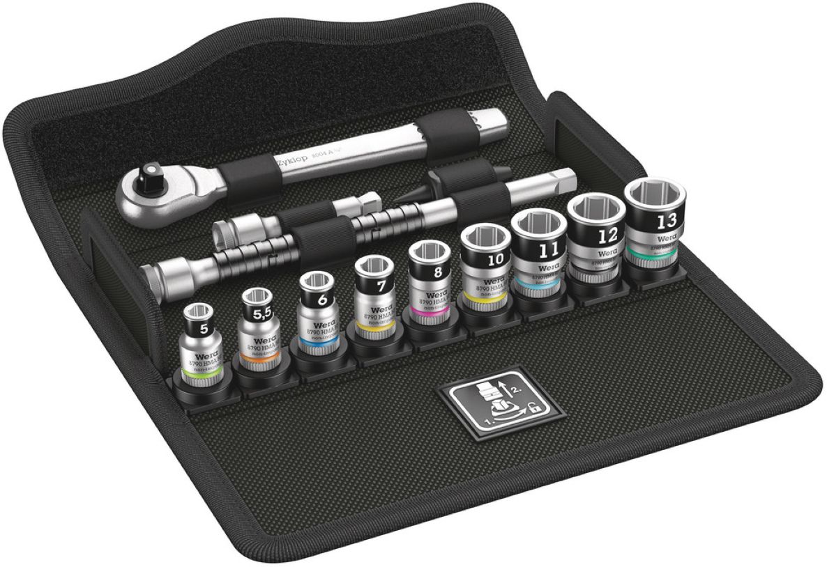 Wera 05003756001 8100 SA 12 HF Zyklop Metal ratchet set, lever clamp, 1/4" drive, metric, 13-piece set